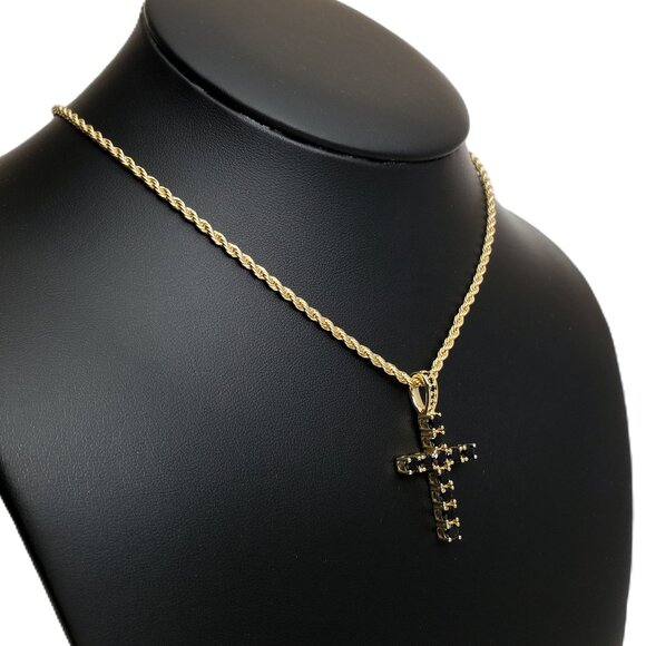 22" Womens 2ct Black Onyx 14K Gold Braided Rope Chain Cross Pendant Necklace NEW - Picture 3 of 7